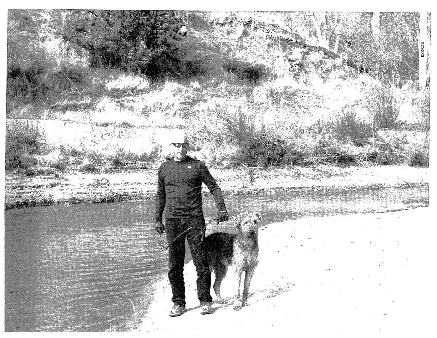 A man and his dog walking along the beach.